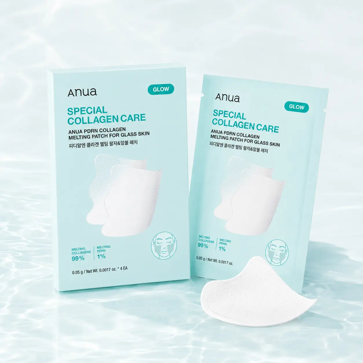 ANUA PDRN Collagen Melting Patch for Glass Skin box, sachet and white mesh patch