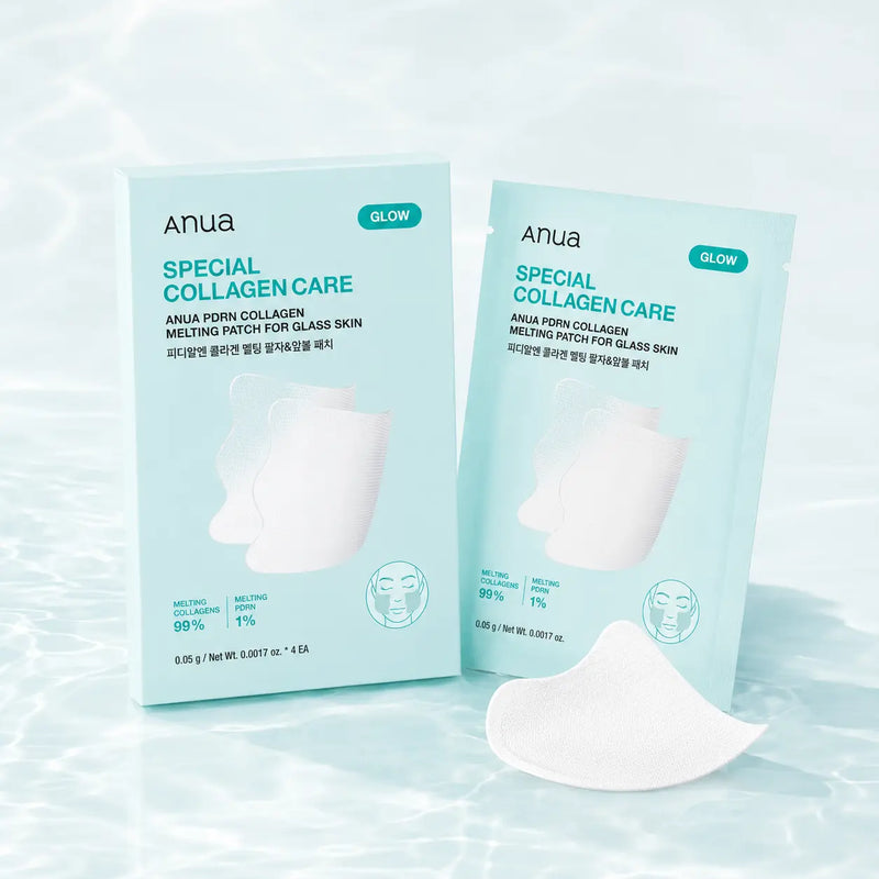ANUA PDRN Collagen Melting Patch for Glass Skin box, sachet and white mesh patch