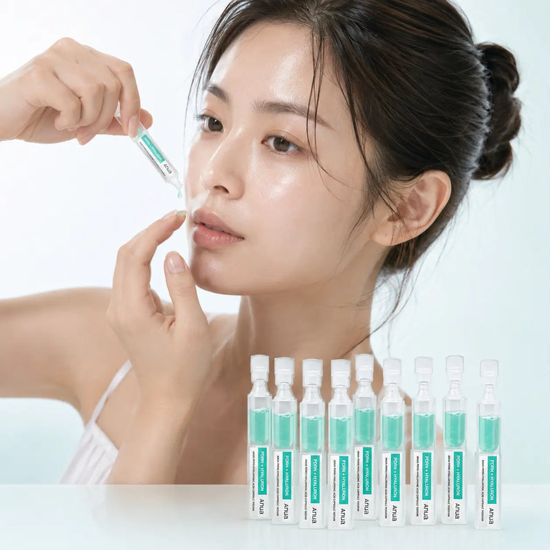 Applying one Anua PDRN Hyaluronic Acid serum capsule to the cheek