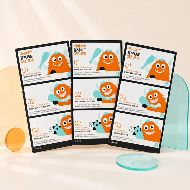Three A'PIEU Goblin Blackhead 3-Step Nose Pack sets, 9 patches total