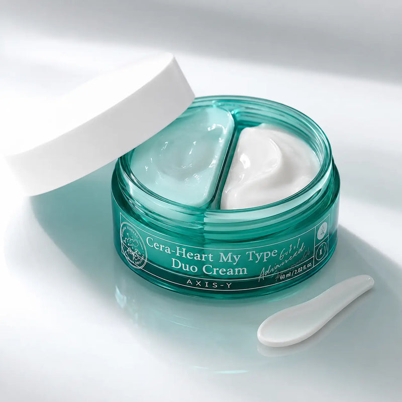 Open AXIS-Y Cera-Heart Duo Cream split jar with blue gel and white cream