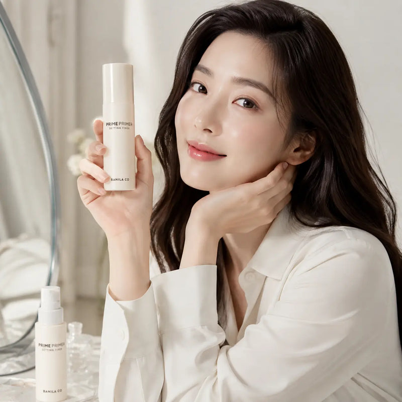BANILA CO Prime Primer Setting Fixer with fresh polished makeup look