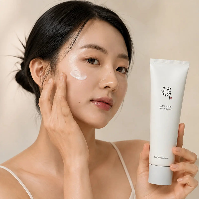 Model applying Beauty of Joseon Dynasty Cream from the 100 ml tube