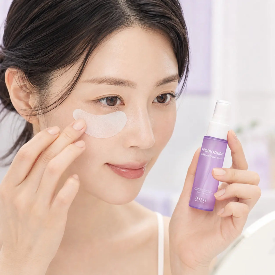 Ultra-thin dry film with fine mesh; mist activates a light, conditioning finish
