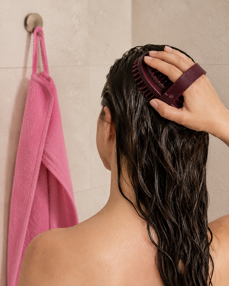 Burgundy manual brush used gently on wet hair with pink shower towel nearby