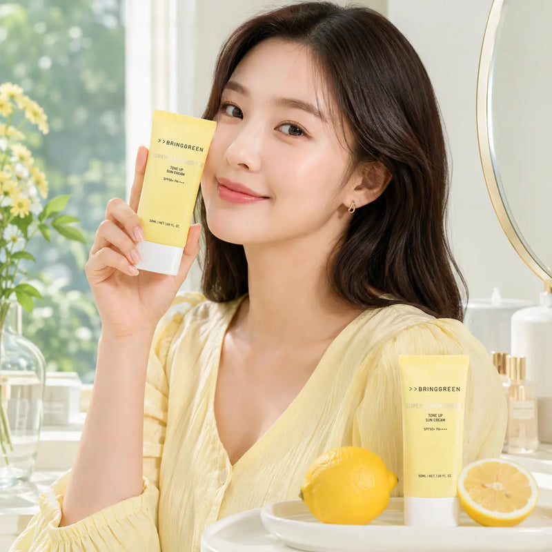 BRINGGREEN Super Lemon Tone Up Sun Cream softly brightened finish