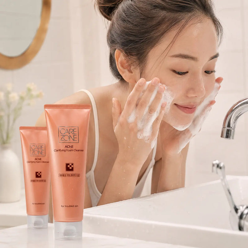 Model washing with CAREZONE Acne Clarifying Foam Cleanser beside the duo
