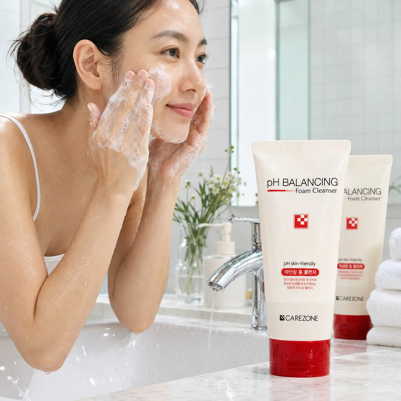 Model gently cleansing with CAREZONE pH Balancing Foam Cleanser beside the duo