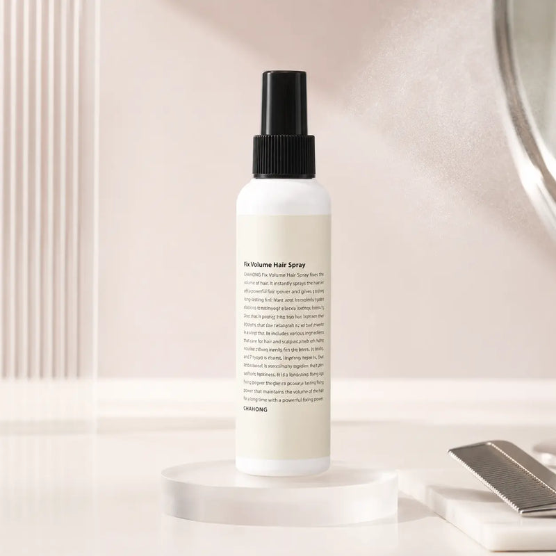 CHAHONG Fix Volume Hair Spray 120 ml bottle on a clean salon vanity with a fine mist backdrop