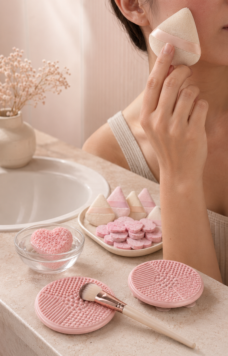 Clean Application Kit tools arranged for powder application, brush cleaning and sponge use