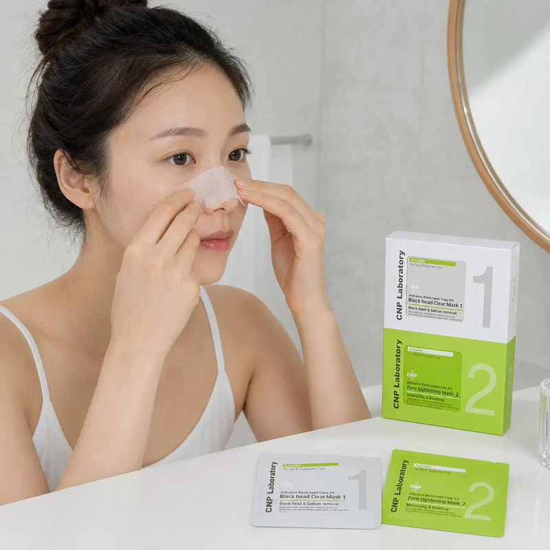 CNP Blackhead Clear Mask Step 1 applied over the nose