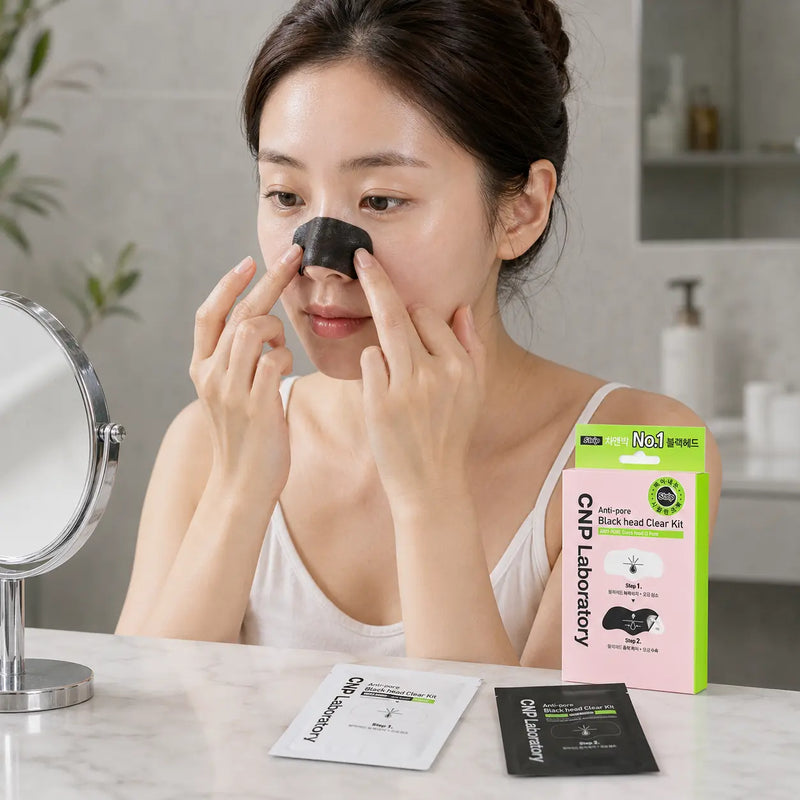 CNP charcoal Step 2 pore strip applied over the nose