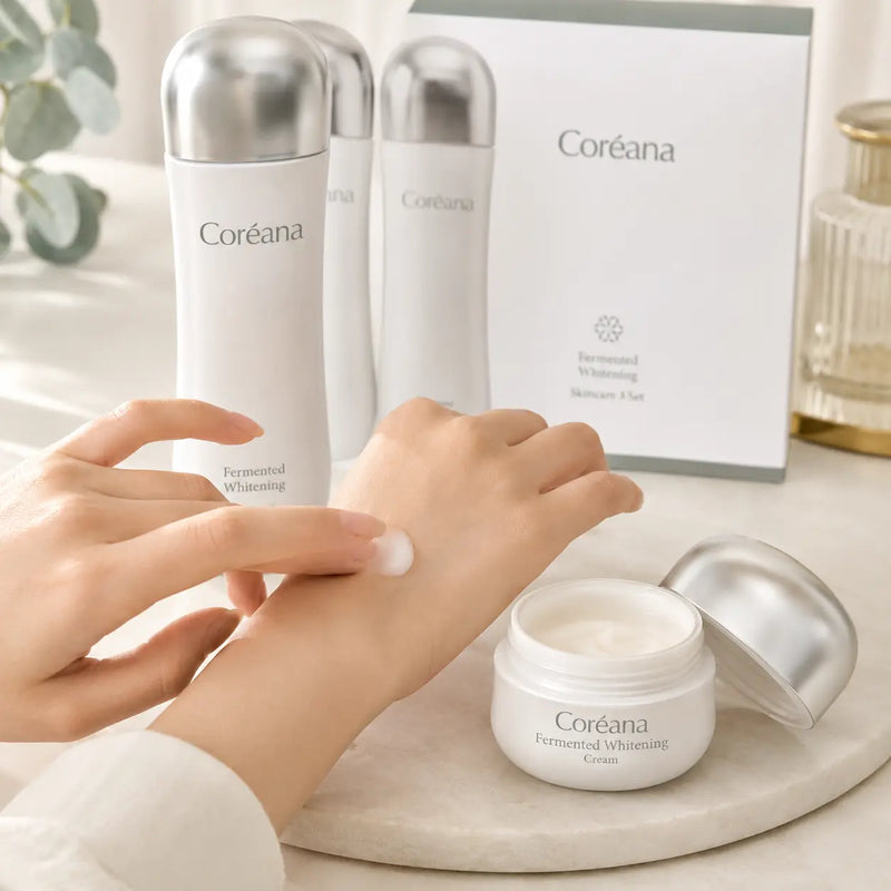 Coreana Fermented Whitening Cream and emulsion shown in a three-step skincare ritual