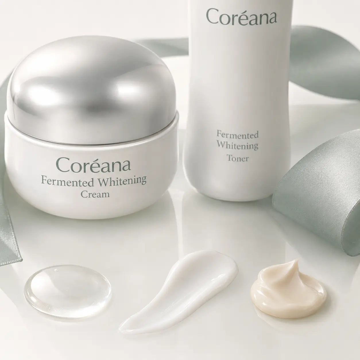 Coreana toner, emulsion and cream textures beside the Fermented Whitening packaging