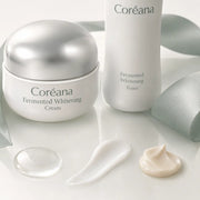 Coreana toner, emulsion and cream textures beside the Fermented Whitening packaging