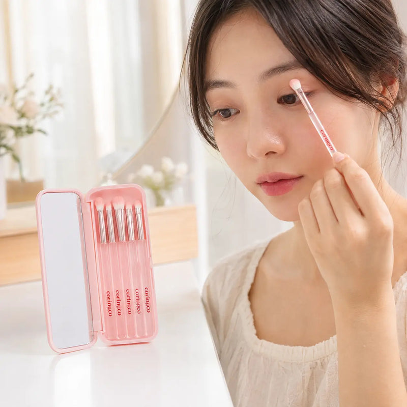CORINGCO Pink Pocket Eye Brush used for soft eye makeup with mirror case