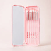 CORINGCO Pink Pocket Eye Brush Set with six mini brushes and open mirror case