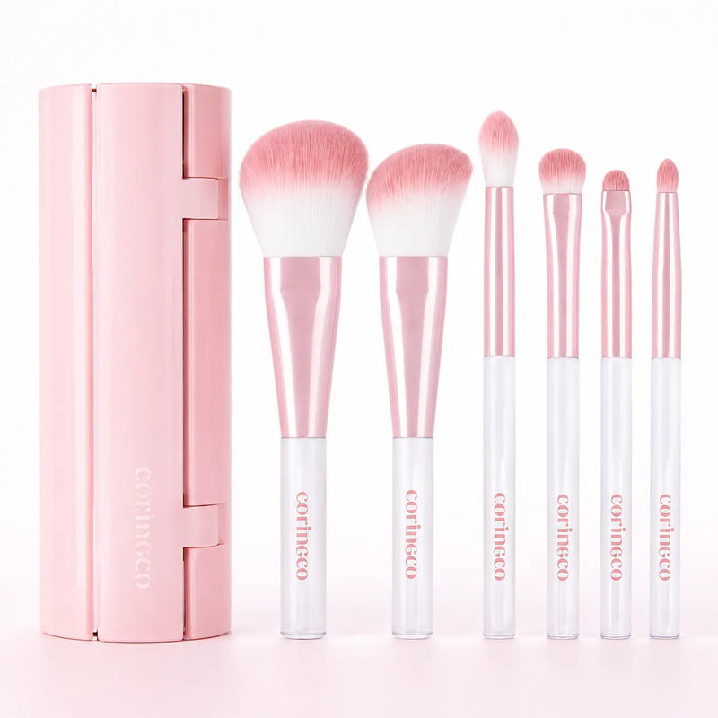 CORINGCO Pink Roll Makeup Brush Set with six brushes and closed case