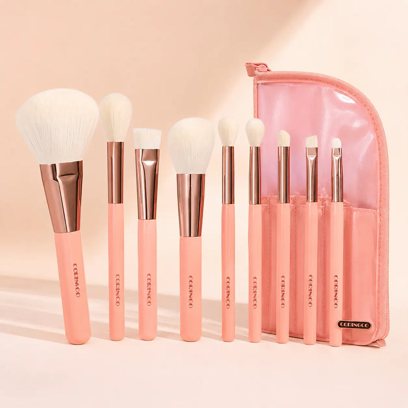 CORINGCO Rose Book nine-piece vegan brush set with pink standing pouch
