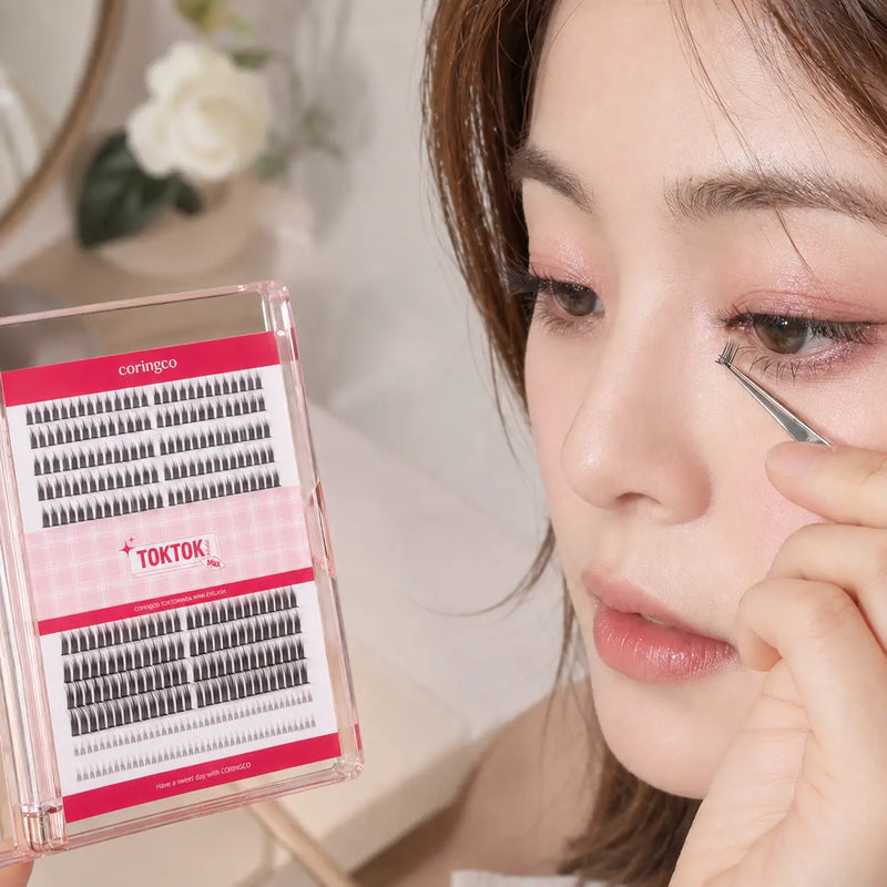 Applying a CORINGCO Toktok-Hara C-curl lash cluster with tweezers
