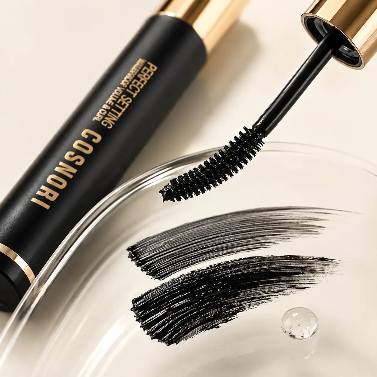 COSNORI curved mascara brush and buildable black formula swatches