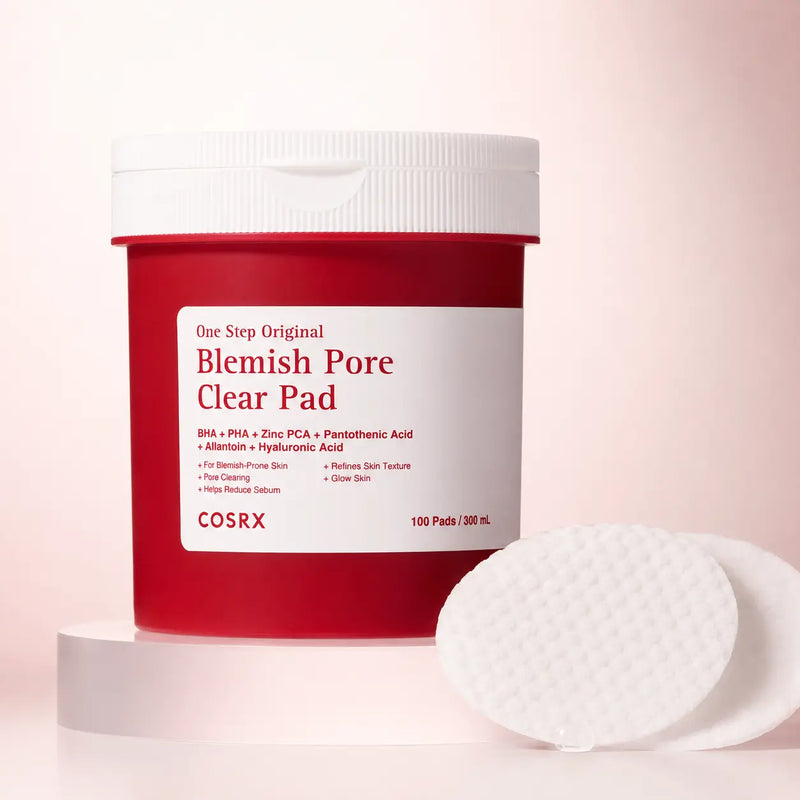 COSRX One Step Original Blemish Pore Clear Pad red jar with embossed and smooth white pads
