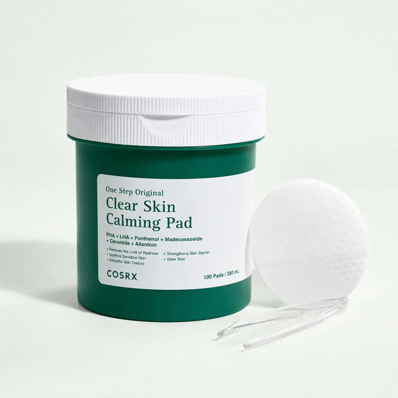 COSRX Clear Skin Calming Pad green jar with dual-texture pad and tongs