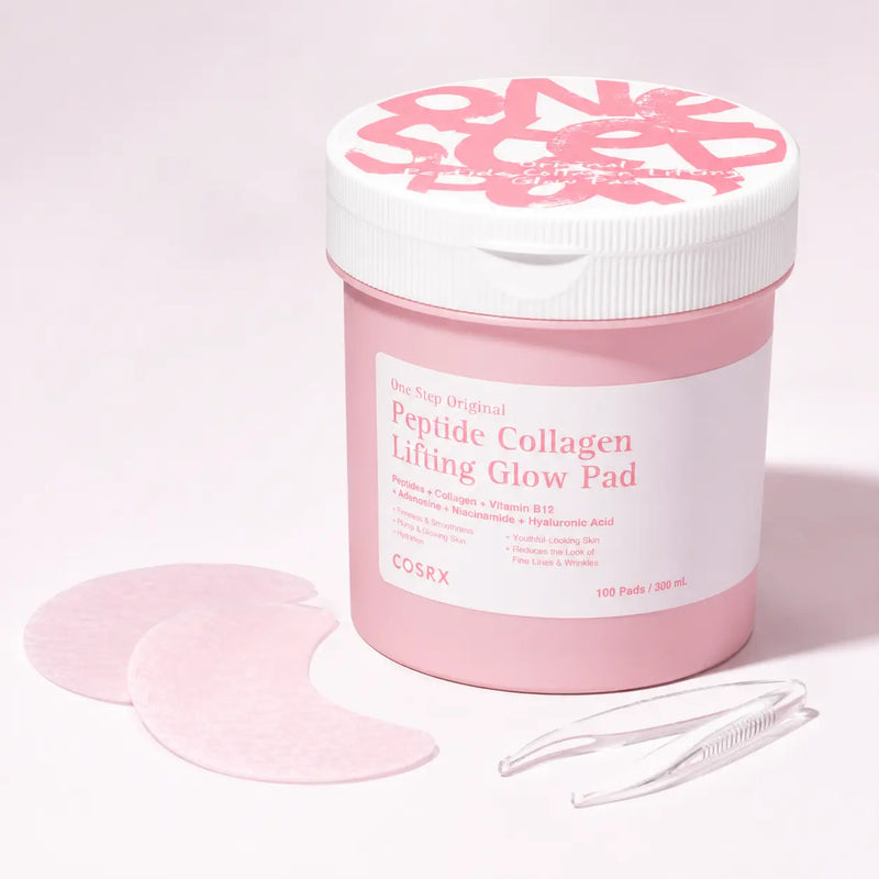 COSRX Peptide Collagen Lifting Glow Pad pink jar with crescent pads and tongs