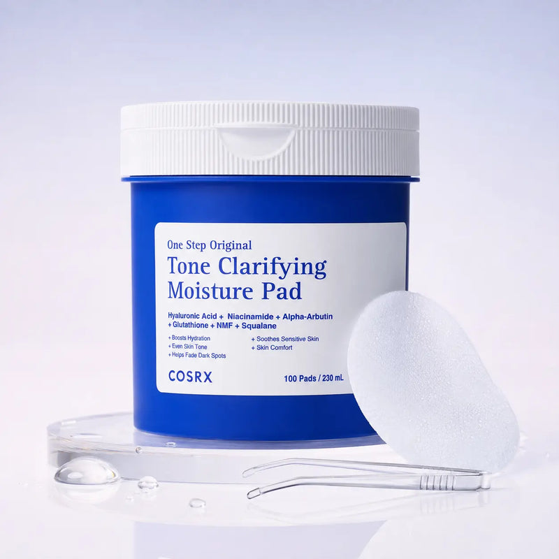 COSRX One Step Original Tone Clarifying Moisture Pad blue jar with one moist toner pad