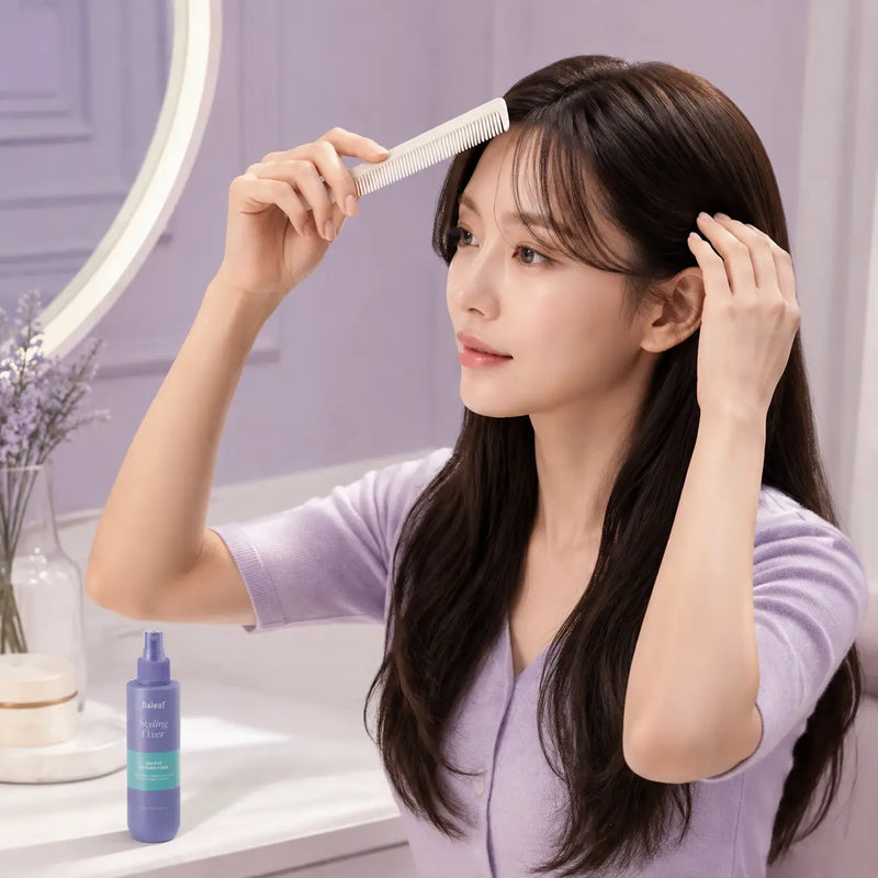 Model smoothing bangs with a comb beside DALEAF Glam Styling Fixer