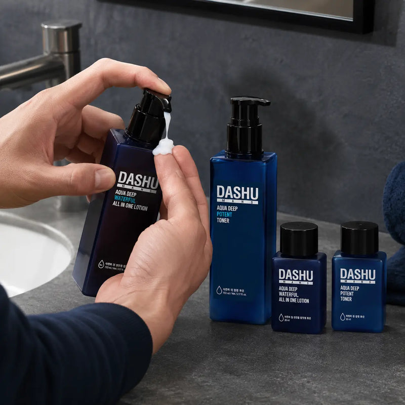 DASHU Aqua Deep all-in-one lotion dispensed beside the toner and travel minis