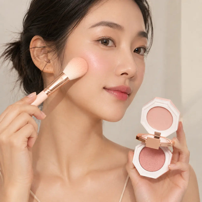 DEAR DAHLIA Blossom Palace pale pink blush applied to the cheek with the duo visible