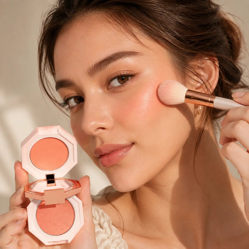DEAR DAHLIA Candy Castle coral-peach blush applied to the cheek with the duo visible