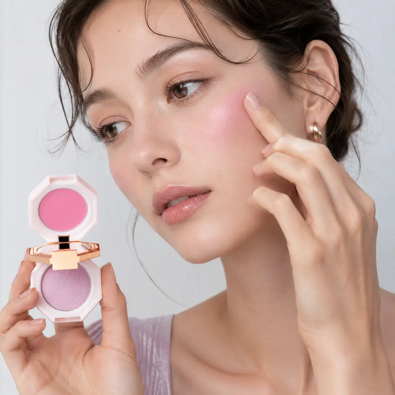 DEAR DAHLIA Petal Princess lilac-pink balm applied to the cheek with the duo visible