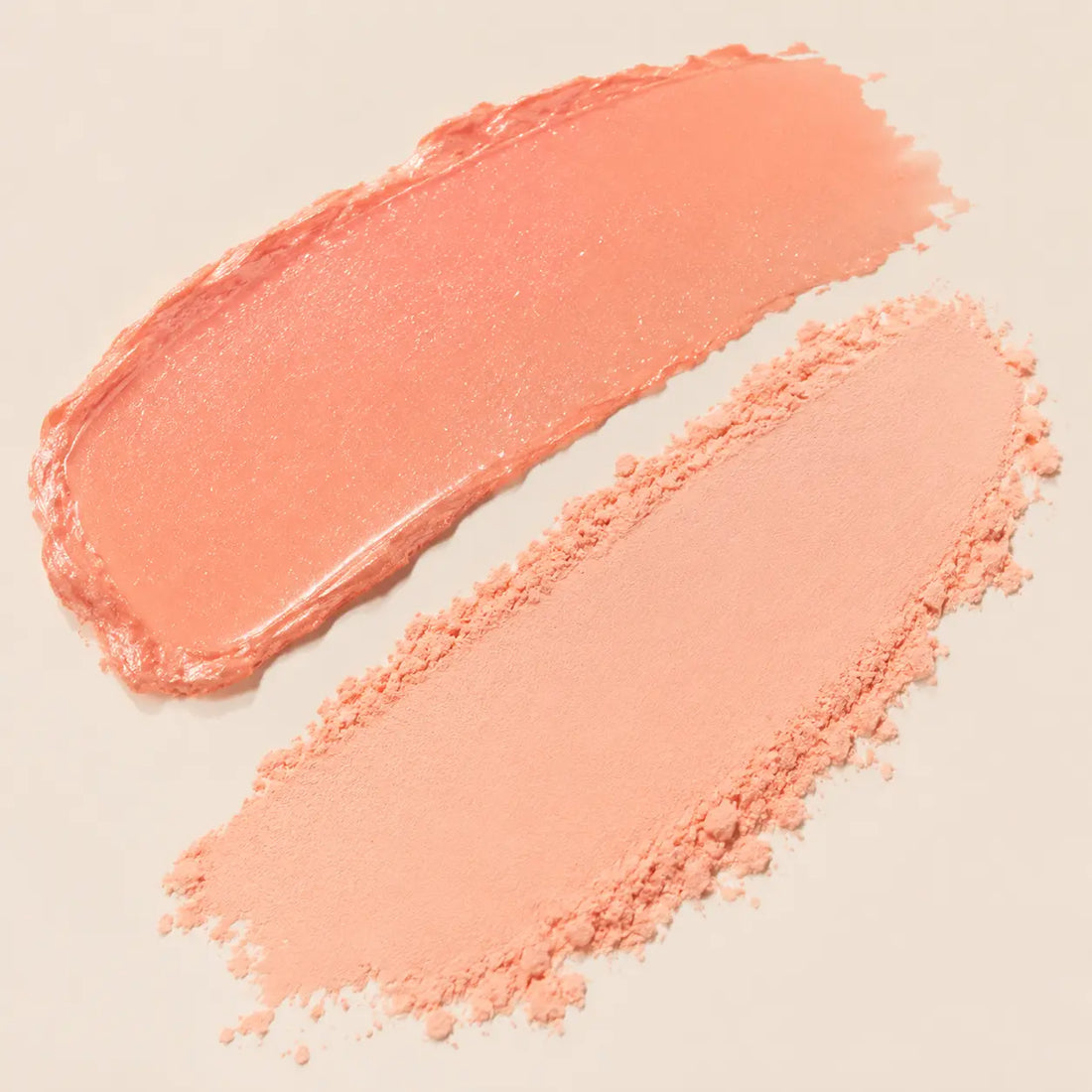 Creamy pale peach shimmer balm + velvety coral nude beige powder