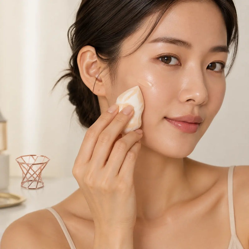 Model blending liquid foundation with the DEAR DAHLIA marble pear shaped sponge