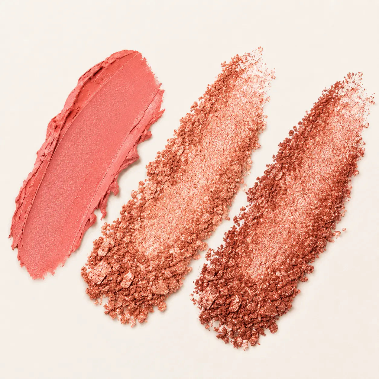 Sunset Romance vintage rosy brick balm, rose glitter and sunset bronze glitter swatches