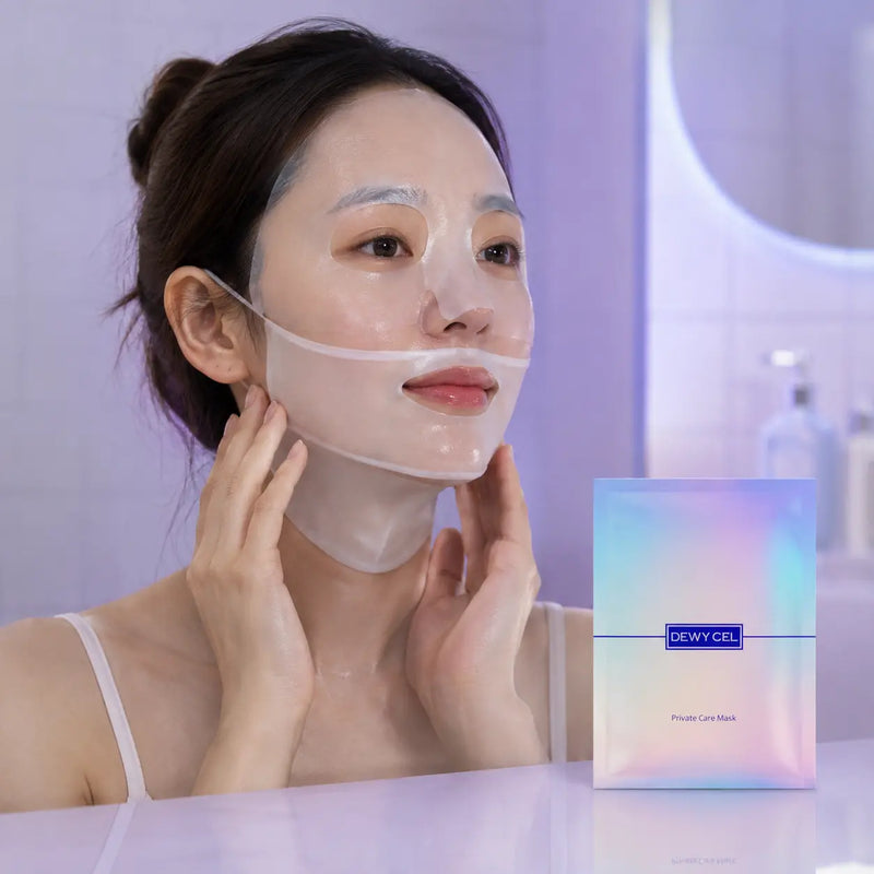 Model wearing the DEWYCEL upper and lower segmented sheet mask system