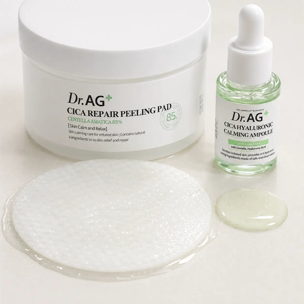 Close-up of Dr.AG+ embossed peeling pad and lightweight Cica Hyaluronic ampoule textures