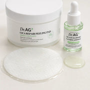 Close-up of Dr.AG+ embossed peeling pad and lightweight Cica Hyaluronic ampoule textures