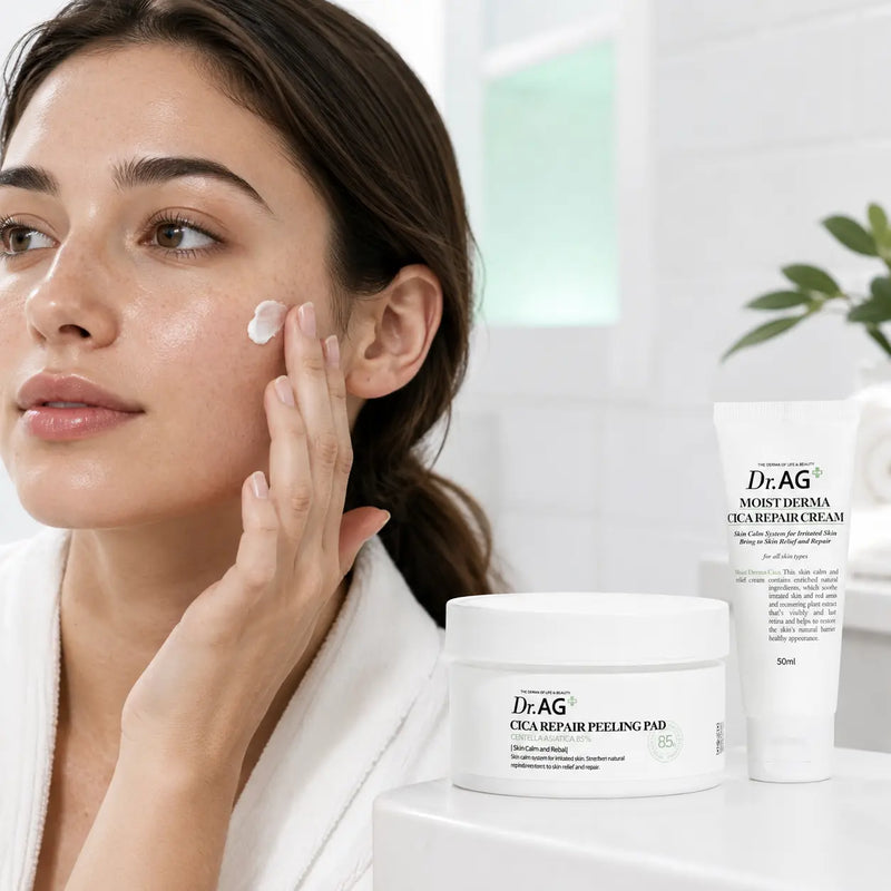 Woman gently using a Dr.AG+ Cica Repair Peeling Pad as part of an evening skincare routine