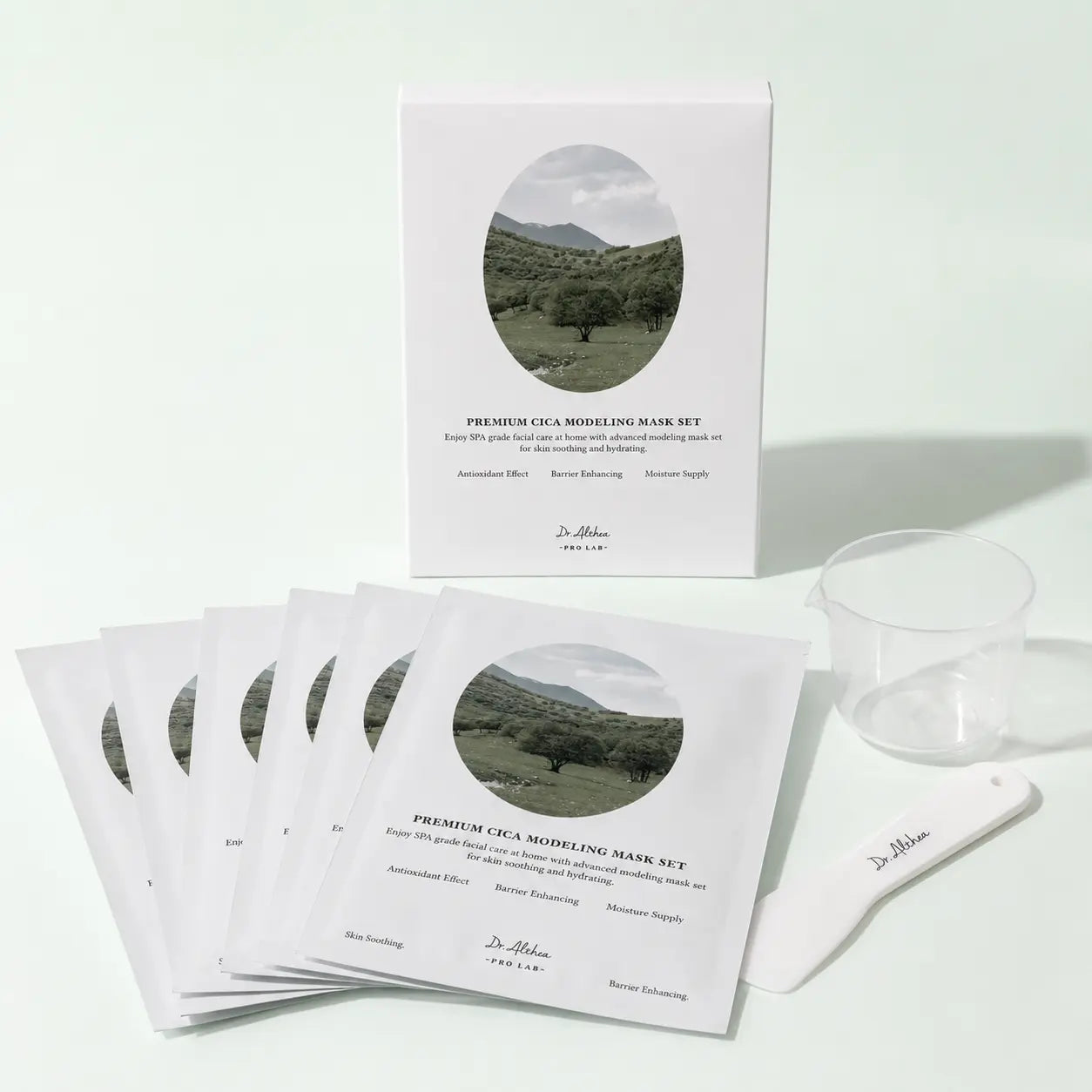 Dr.Althea Premium Cica Modeling Mask Set with five 25 g sachets, cup, and spatula
