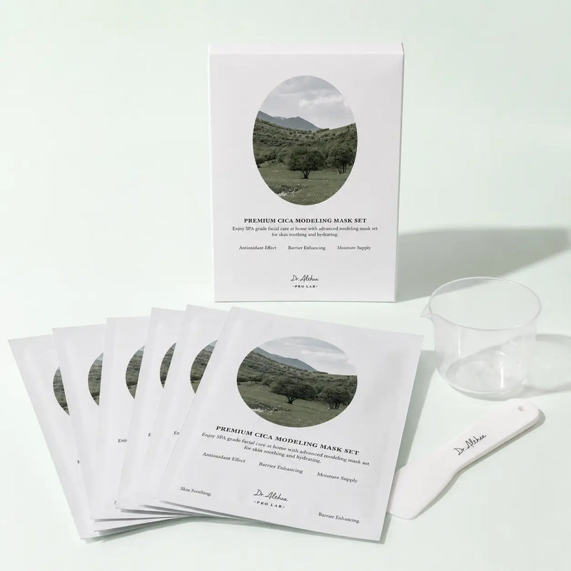 Dr.Althea Premium Cica Modeling Mask Set with five 25 g sachets, cup, and spatula