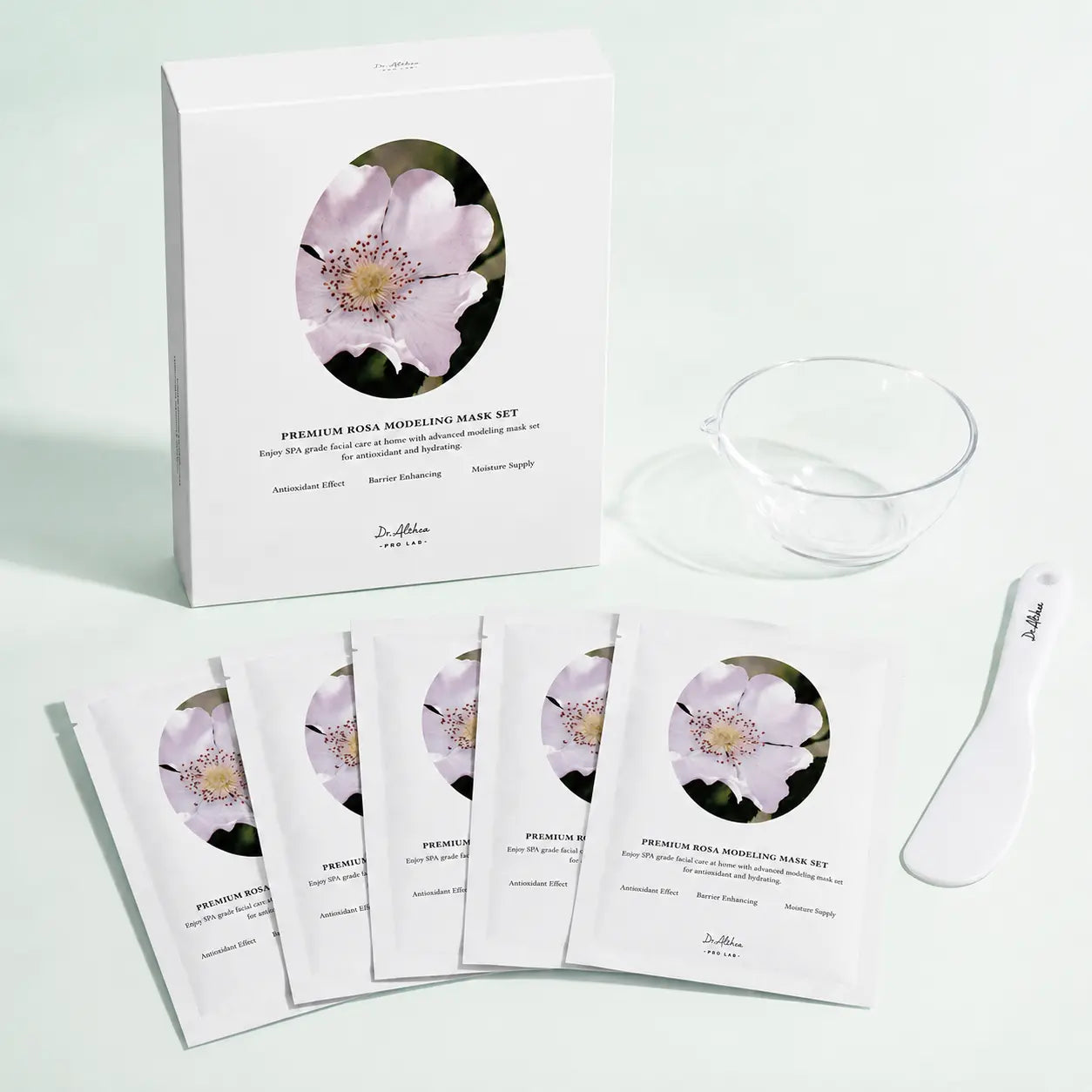 Dr.Althea Premium Rosa Modeling Mask Set with five 25 g sachets, cup, and spatula
