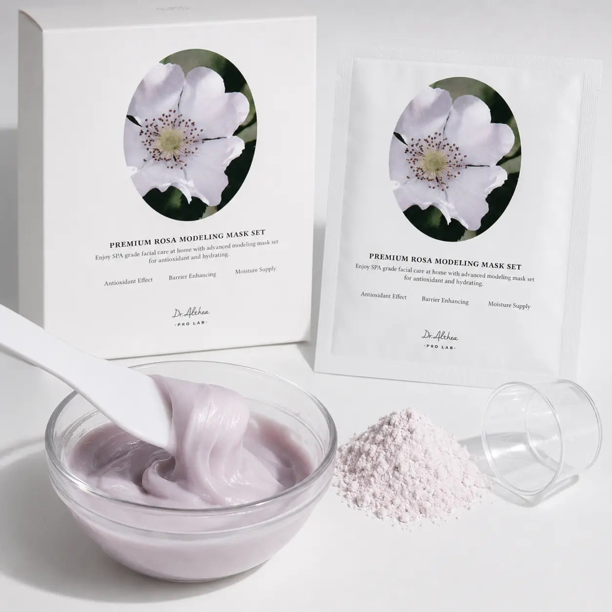 Dr.Althea Premium Rosa Modeling Mask powder mixed into a smooth rose-lilac gel texture