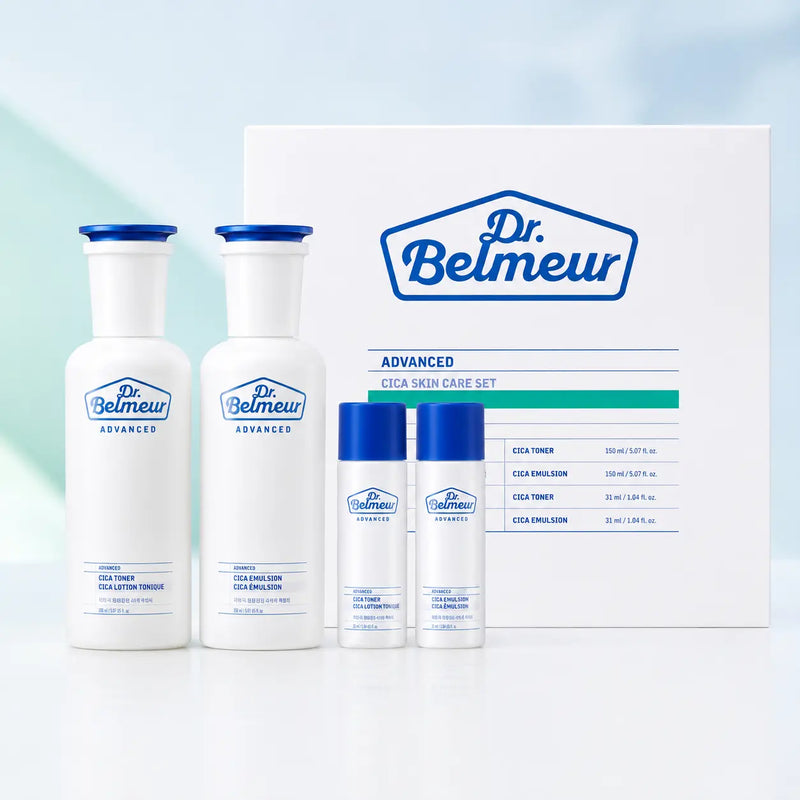 Dr.Belmeur Advanced Cica Skincare Set with full-size and travel toner and emulsion