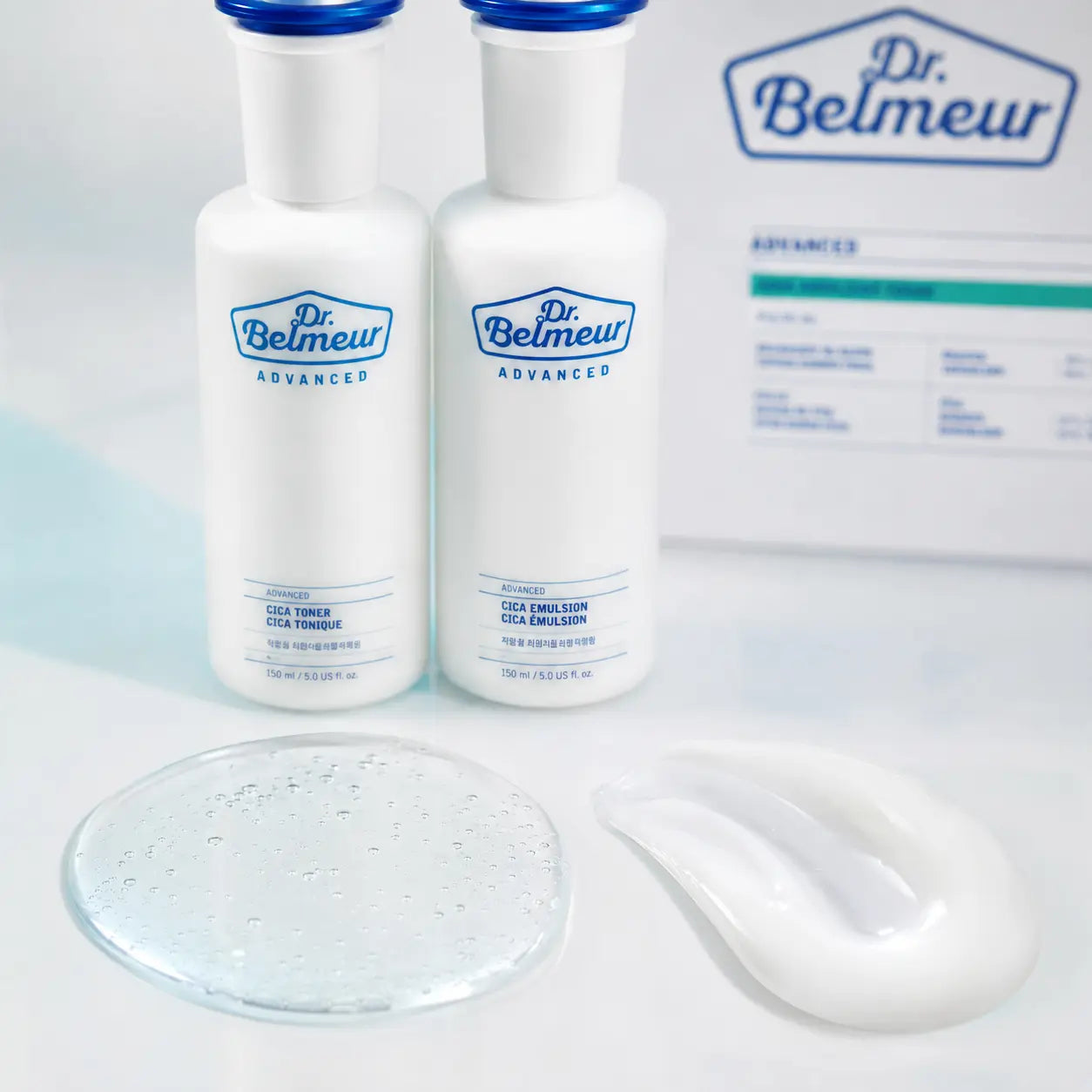 Close-up of Dr.Belmeur Advanced Cica toner and lightweight milky emulsion textures