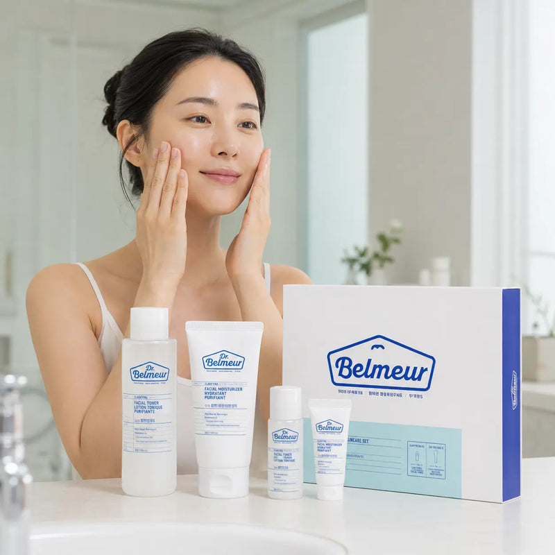 Woman patting Dr.Belmeur Clarifying Toner into clean skin in a bright bathroom