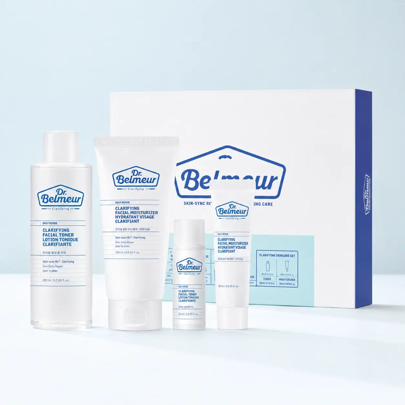 Dr.Belmeur Clarifying Skincare Set with full-size and travel-size toner and moisturizer