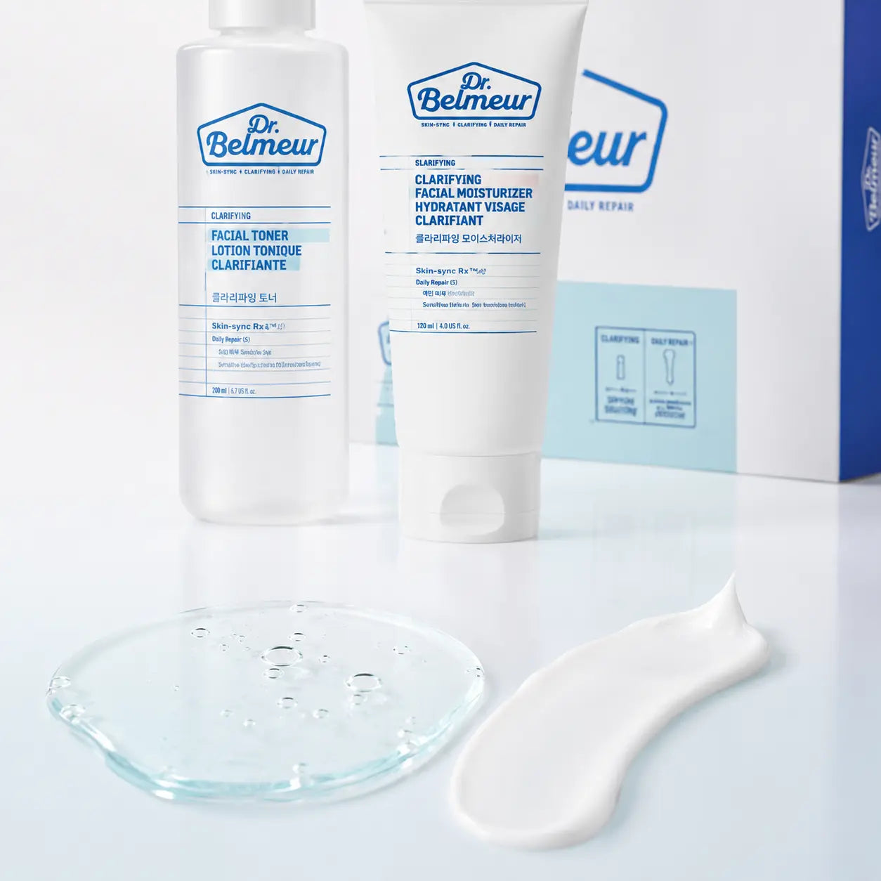 Close-up of Dr.Belmeur Clarifying watery toner and lightweight moisturizer textures
